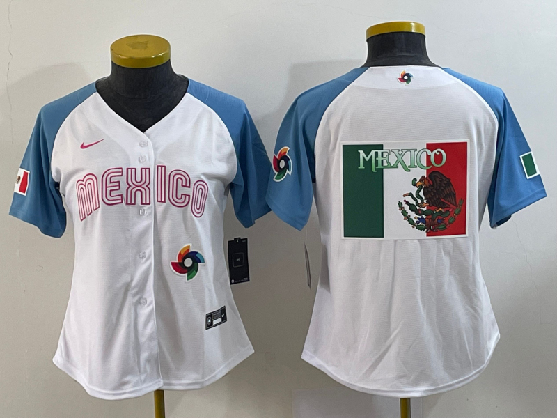 Women's White Mexico Baseball 2023 Blue Big Logo World Baseball Classic With Patch Stitched Jersey(Run Small)